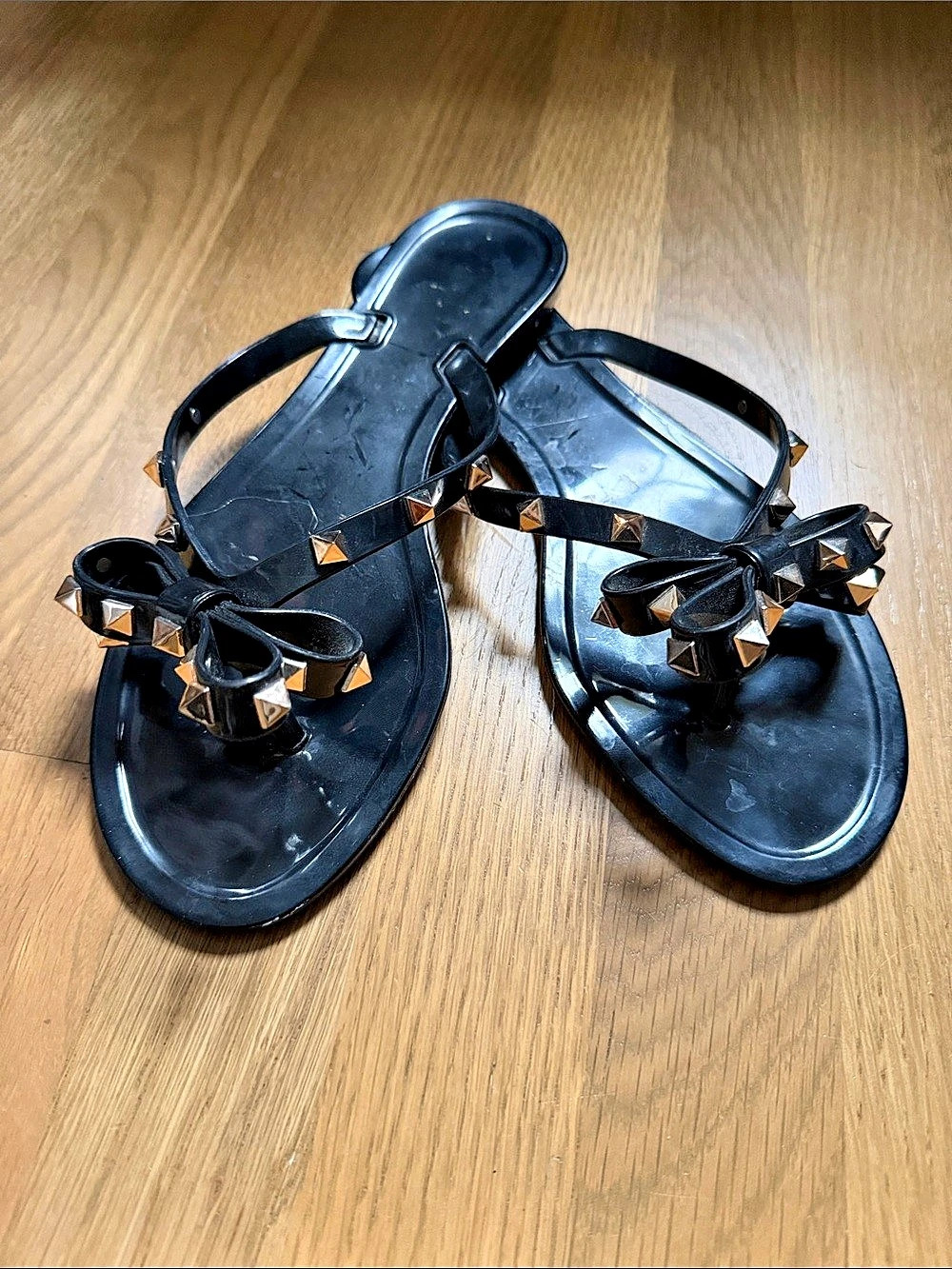 Gold Studded Flat Sandals in Black